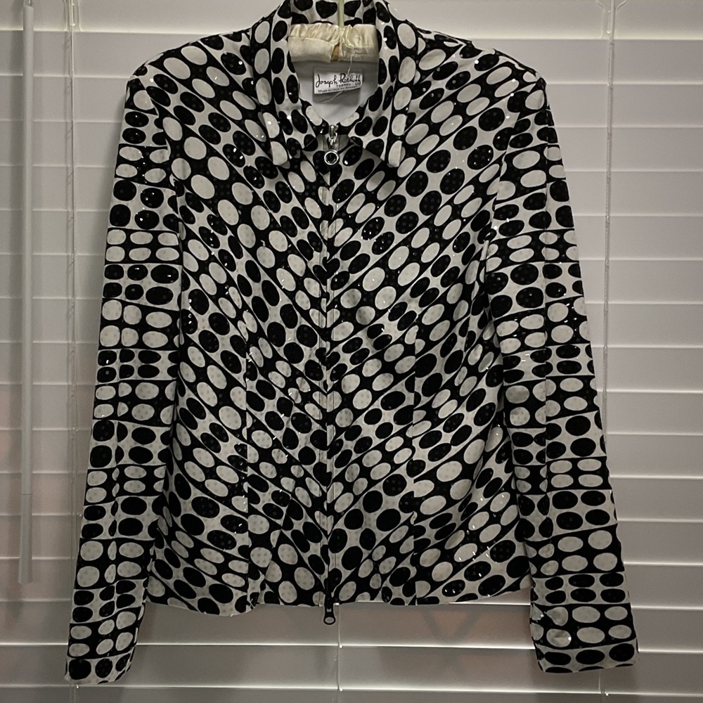 Joseph Ribkoff Black & White Graphic Dot Zip Jacket; Sz U.S. 10